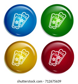 Tickets multi color gradient glossy badge icon set. Realistic shiny badge icon or logo mockup
