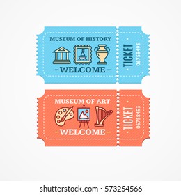 Tickets Museum of History or Art Set Admit Exposition Flat Design Style. Vector illustration