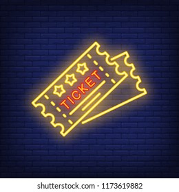 Tickets Neon Icon. Cards Shape With Stars And Ticket Lettering On Brick Wall Background. Performance Concept. Vector Illustration Can Be Used For Neon Signs, Advertising, Show Invitation