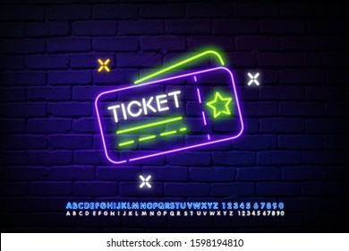 Tickets neon icon. Cards shape with stars and Ticket lettering on brick wall background. Neon poster Sale of tickets. Modern graphics, Discounts on plane. Glowing sign with alphabet, numbers