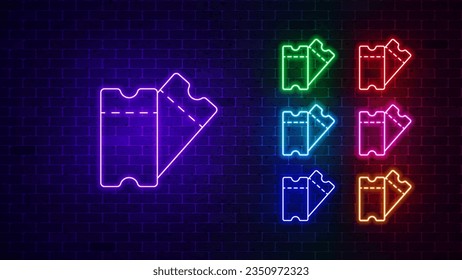 Tickets neon icon set. Glowing neon signs for advertising, parties and other events. Vector illustration