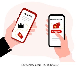 Tickets on film vector concept. People hold smartphones with cinema passes. Entertainment and cultural recreation. Movies and series at phone. Buy tickets online. Cartoon flat illustration