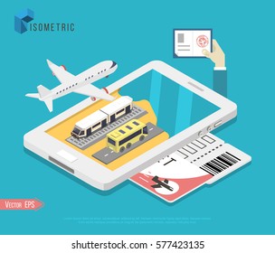 Tickets online. Buying or booking online ticket. Travel, business flights worldwide. Flat 3d isometric vector illustration. Boarding pass