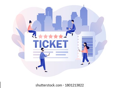 Tickets online sale. Tiny people with big ticket for cinema, theater, party, play, festival, event, concert. Modern flat cartoon style. Vector illustration on white background