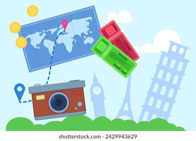 Tickets, photocamera, map with destination points vector illustration. Famous world landmarks on background. Exploring local attractions, tourism, travelling concept