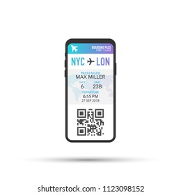 Tickets for the plane on a smartphone. Vector stock illustration.