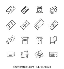 Tickets related icons: thin vector icon set, black and white kit