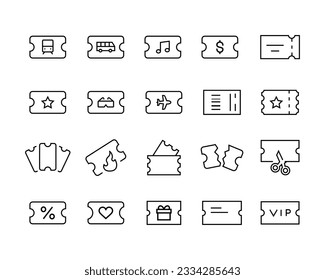 Tickets Related Vector Line Icons. Contains such Icons as Early Bird, Combo offer, Mobile Ticket line icons set, editable stroke isolated on white, linear vector outline illustration, symbol logo