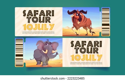 Entradas para un tour de safari con animales salvajes africanos búfalos y elefantes. Pasar plantillas de cupón, invitación en el parque zoológico nacional al aire libre, admitir una tarjeta con código de barras, ilustración del vector de dibujos animados