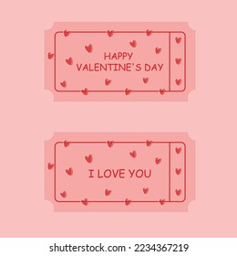 TICKETS FOR SAINT VALENTINE'S DAY, PINK WITH RED HEARTS WITH WHITE STRIKING, I LOVE YOU. VECTOR GRAPHICS