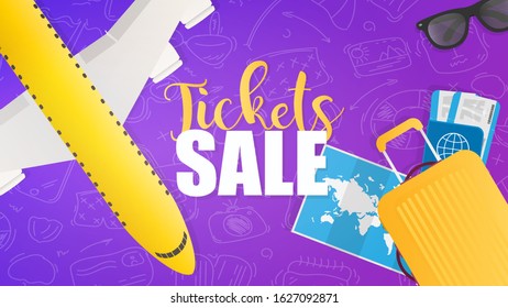 Tickets sale poster. Contrast air ticket sale banner. Tickets, passport, world map, travel suitcase, airplane top view. Vector illustration.