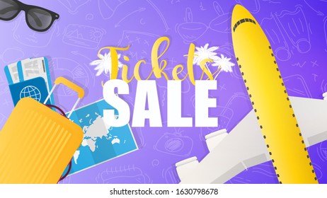 Tickets sale poster. Contrast air ticket sale banner. Tickets, passport, world map, travel suitcase, airplane top view.  Vector illustration.