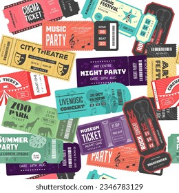 Tickets seamless pattern. Cinema music party festival theatre zoo concert entrance ticket ebdless background on transparent
