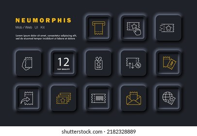 Tickets set icon. Travel document, star, hand, VIP place, arrows, discount, barcode, letter, envelope, planet, internet, online. Entertainment concept. Neomorphism style. Vector line icon for Business