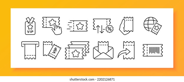 Tickets Set Icon. Travel, Worldwide, Discount Coupon, Star, Vip Place, Leter, Vip Client, Digital, Share, Register, Business Class Plane Ticket. Entertainment Concept. Vector Line Icon For Advertising