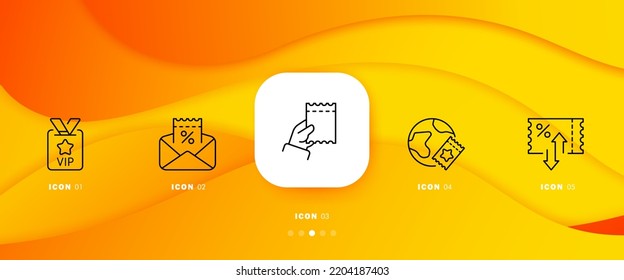Tickets set icon. VIP place, badge, star, travel, discount, arrows, send, planet, cash register, percent, letter. Pass documents concept. Infographic timeline with icons and 5 steps. Vector line icon.