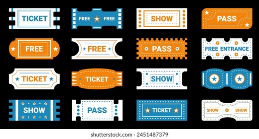 Tickets, stickers and badges, decorative design elements, text containers and banners. Graphic stabbed labels. Vector illustration.