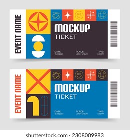 Tickets templates design in Swiss Bauhaus y2k Brutalist style. Geometric colorful mockup Coupon with primitive shapes pattern. Invitational for event, festivals, concert. Flat vector illustration