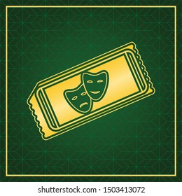 Tickets to theater sign. Golden icon with gold contour at dark green gridded white background. Illustration.