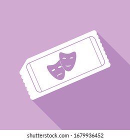 Tickets to theater sign. White Icon with long shadow at purple background. Illustration.