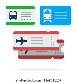 Tickets for a train, plane and bus vector flat material design isolated on white