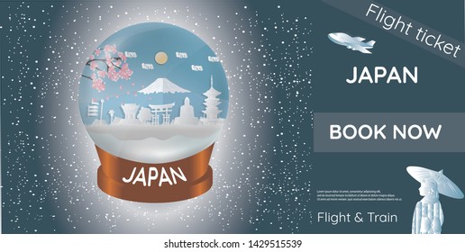 Tickets for traveling to Japan, famous places in Japan, advertising templates, plane tickets in paper-cut form - vector illustration.