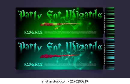 Tickets for wizards party, cartoon pass coupon templates with magic wands, witch sticks with glowing colorful haze and sparkle trails, fantasy witch magician fairytale rods, Vector illustration