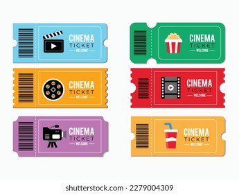 Entradas para el día mundial del cine. Cinematografía y elementos de película cinematográfica para el concepto Popcorn en taza de papel, petardos productores, disco con fondo blanco de cinta de película.