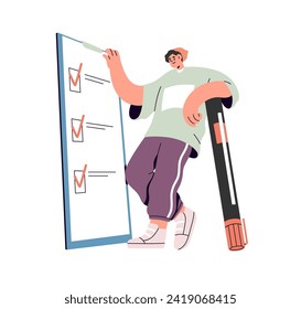 Ticking checkboxes in check list. Man marking tasks done and completed in checklist on clipboard. Person and paper survey, questionnaire form. Flat vector illustration isolated on white background