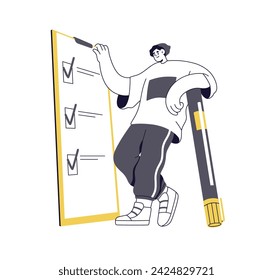 Ticking checkmarks, filling paper survey, questionnaire, poll form. Character marking tasks done with checkboxes in checklist on clipboard. Flat vector illustration isolated on white background