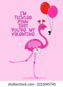 I am tickled pink that you are my Valentine - Valentine's Day hand drawn illustration with Flamingo in love. Handmade lettering print. 