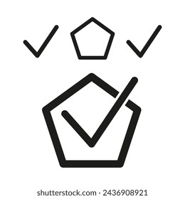 Ticks for approval. Pentagons show choice. Marks confirm completion. Decision symbols, minimalist. Vector illustration. EPS 10.