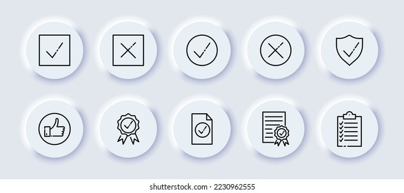 Icono de ajuste de puntas y cruza. Aprobación, rechazo, aprobación, rechazo, escudo, seguridad, botón "me gusta", recomendación, premio, medalla, documento, lista de verificación. Concepto de negocio. Estilo neomorfista. Icono de línea de vector