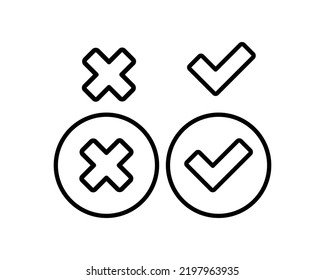 Ticks and crosses set icon. Checkmark, reject, rejection, confirm, confirmation, answer option, accept, decline, test, agreement. Button concept. Vector line icon for Business and Advertising