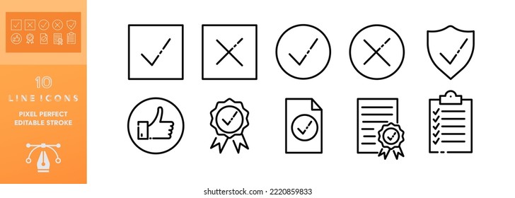 Ticks and crosses set icon. Checkmark, reject, rejection, confirm, confirmation, answer option, accept, decline, test, agreement. Technology concept. Vector editable set icon on a white background