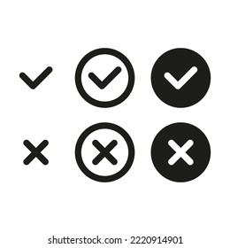 Ticks und Kreuze setzen Symbol. Markieren, ablehnen, ablehnen, ablehnen, bestätigen, bestätigen, Antwort-Option, akzeptieren, ablehnen, testen, Vereinbarung. Technologiekonzept. Vektorschwarz-Set-Symbol auf weißem Hintergrund