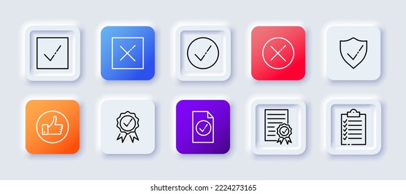 Ticks and crosses set icon. Checkmark, reject, rejection, confirm, confirmation, answer option, accept, decline, test, agreement. Technology concept. Neomorphism style. Vector line icon for Business