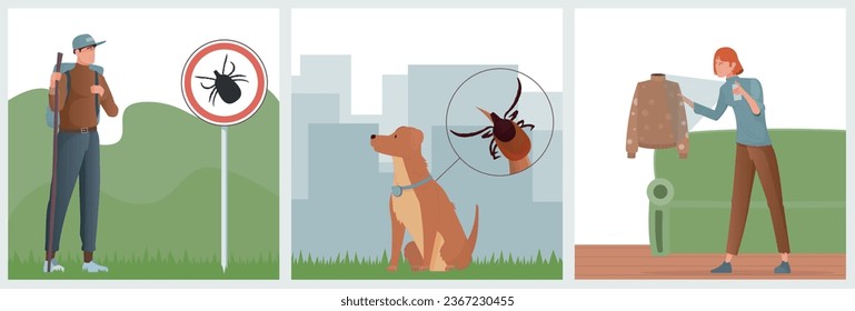 Ticks insect set of three square compositions with flat cityscape human characters watching jacket and dog vector illustration