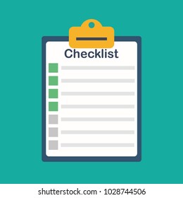 Ticks on a paper check list. Manager with all tasks done. Flat style cartoon vector illustration.