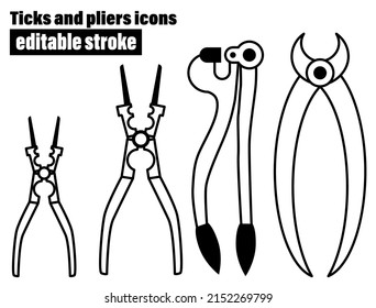 Ticks, pliers line icons set isolated on white background. Vector illustration. Hand tools icons set for web design. 