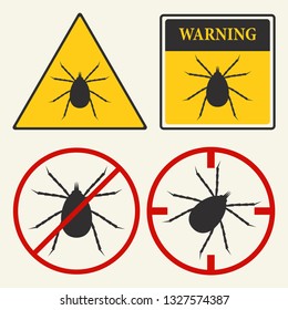 Ticks stop sign. Mite warning sign. Encephalitis parasite. Vector illustration of tick warning signs.