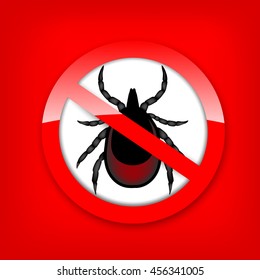 Ticks stop sign. Mite warning sign. Encephalitis parasite icon. Vector illustration of tick warning sign on red background. Beetle tick danger crossed sign vector flat icon. Tick mite bug sign. 