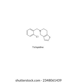 Ticlodipino medicamento inhibidor de la estructura molecular esquelética plana del P2Y12 utilizado en riesgo de tratamiento de trombosis. Ilustración vectorial.