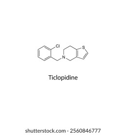 Ticlopidine flat skeletal molecular structure Adenosine-regulating agent drug used in thromboembolic disorders treatment. Vector illustration scientific diagram.