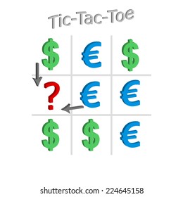 Tic-Tac-Toe concept of the exchange rate of dollar and euro, 3d illustration, vector, eps 8