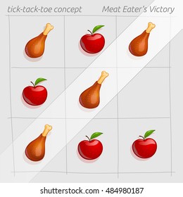 The tic-tac-toe concept Meat Eater's Victory. Tasty fried chicken legs won over red apples. Meat instead of fruits. It's a useful idea for design a meat diet tips and health programs for weight gain.