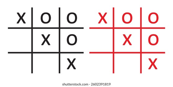 Tic-tac-toe game in black and red color isolated on transparent background. Vector illustration.