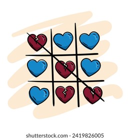 Tic-tac-toe game with blue hearts and broken hearts
