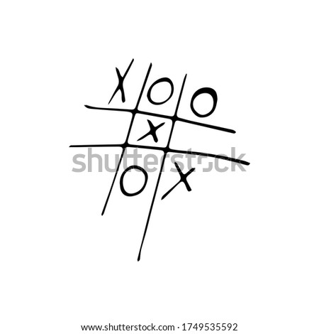 Tic-tac-toe game in doodle style isolated on white background. Child Game.  Simple cartoon outline illustration.