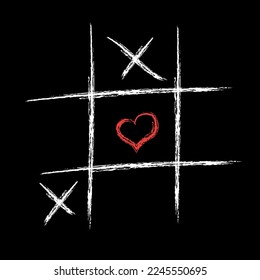 Tic-tac-toe game drawn with white chalk on a black background. instead of zeros, a red heart is drawn in honor of valentine's day